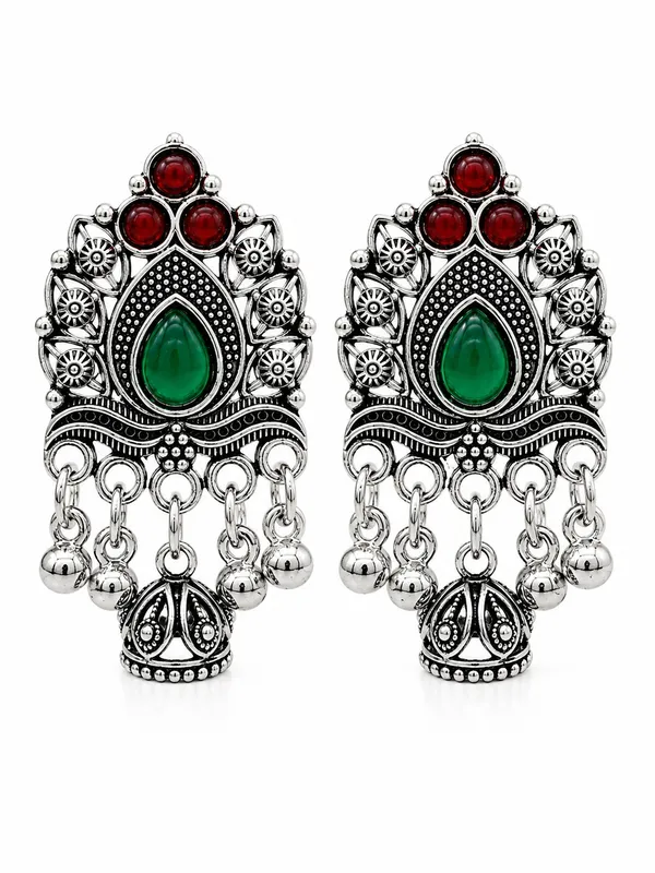 Oxidized_Silver_Plated_Green_&_Red_Stone_Floral_Jhumka_Earrings