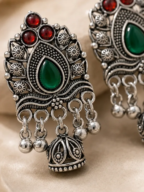 Oxidized_Silver_Plated_Green_&_Red_Stone_Floral_Jhumka_Earrings