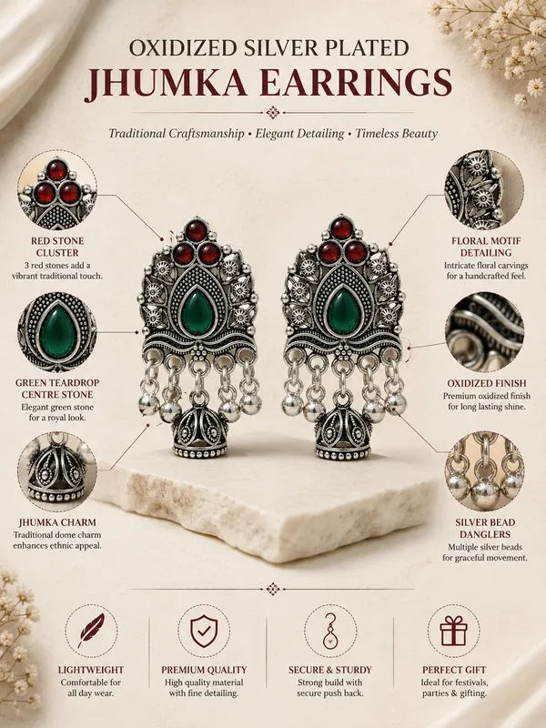 Oxidized_Silver_Plated_Green_&_Red_Stone_Floral_Jhumka_Earrings