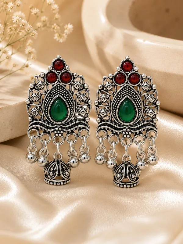 Oxidized_Silver_Plated_Green_&_Red_Stone_Floral_Jhumka_Earrings