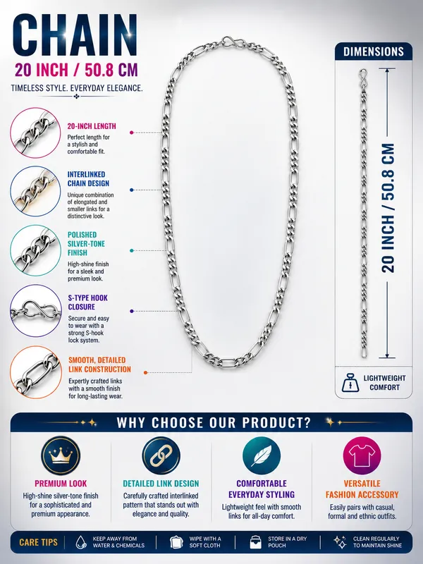 Premium_Silver_Tone_Interlinked_Link_Chain_for_Men_&_Women_–_20_Inch_Chain_with_S_Hook_Closure