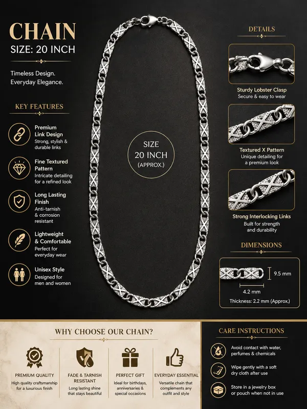 Premium_Silver_Tone_X_Pattern_Link_Chain_for_Men_&_Women_–_20_Inch_Textured_Chain_with_Lobster_Clasp