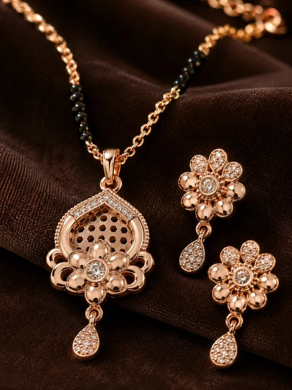 Rose_Gold_Plated_18_Inch_Floral_Chain_with_Black_Beads,_AD_Pendant_&_Matching_Earrings_for_Women