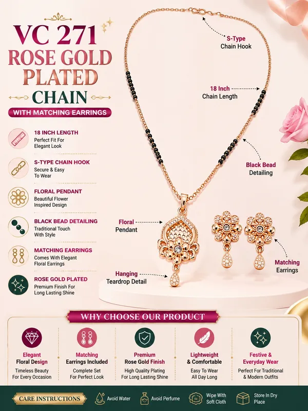 Rose_Gold_Plated_18_Inch_Floral_Chain_with_Black_Beads,_AD_Pendant_&_Matching_Earrings_for_Women