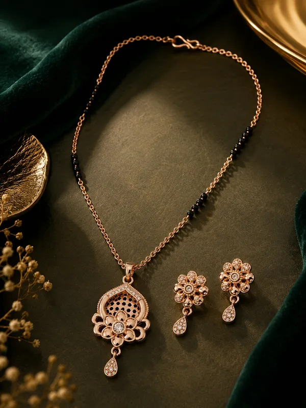 Rose_Gold_Plated_18_Inch_Floral_Chain_with_Black_Beads,_AD_Pendant_&_Matching_Earrings_for_Women