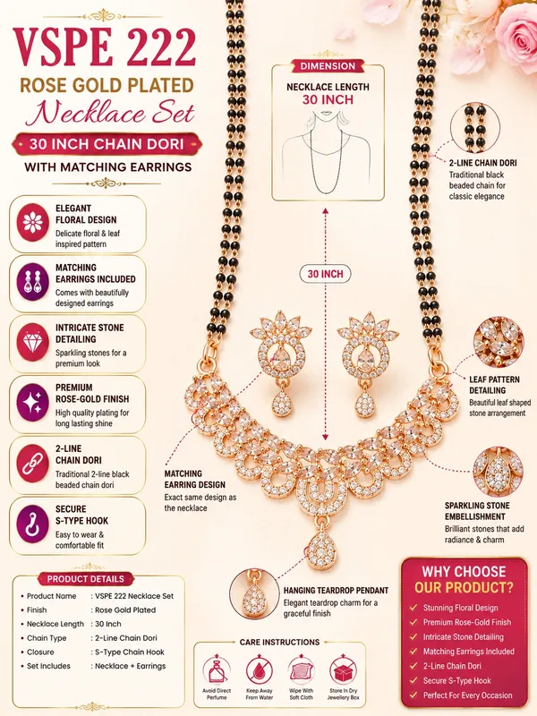Rose_Gold_Plated_30_Inch_2-Line_Black_Beaded_Floral_Necklace_Set_with_Matching_Earrings_for_Women
