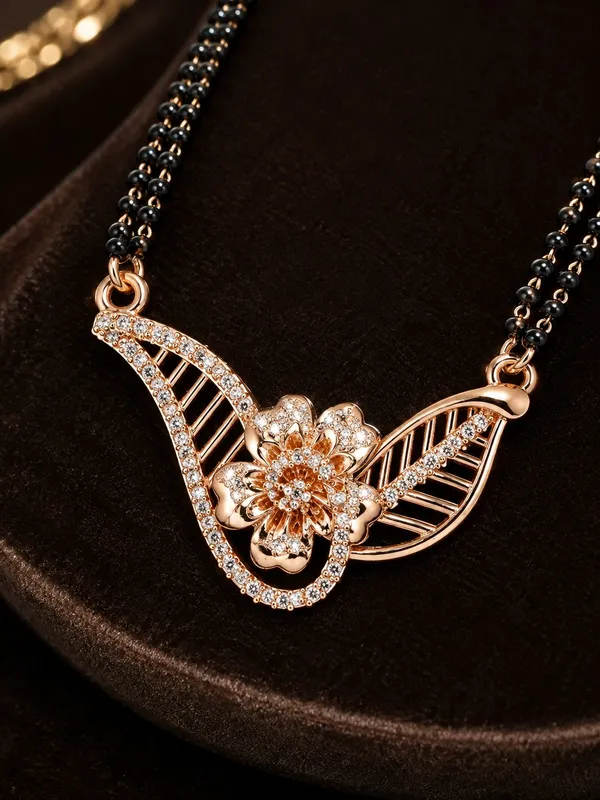 Rose_Gold_Plated_Black_Beaded_Chain_28_Inch_With_Floral_Pendant