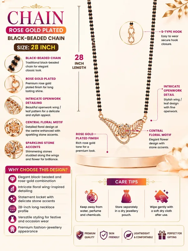 Rose_Gold_Plated_Black_Beaded_Chain_28_Inch_With_Floral_Pendant