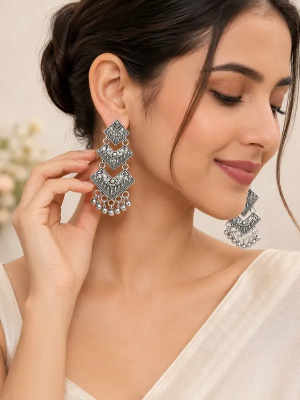 Silver_Finish_Oxidised_Geometric_Jhumka_Earrings