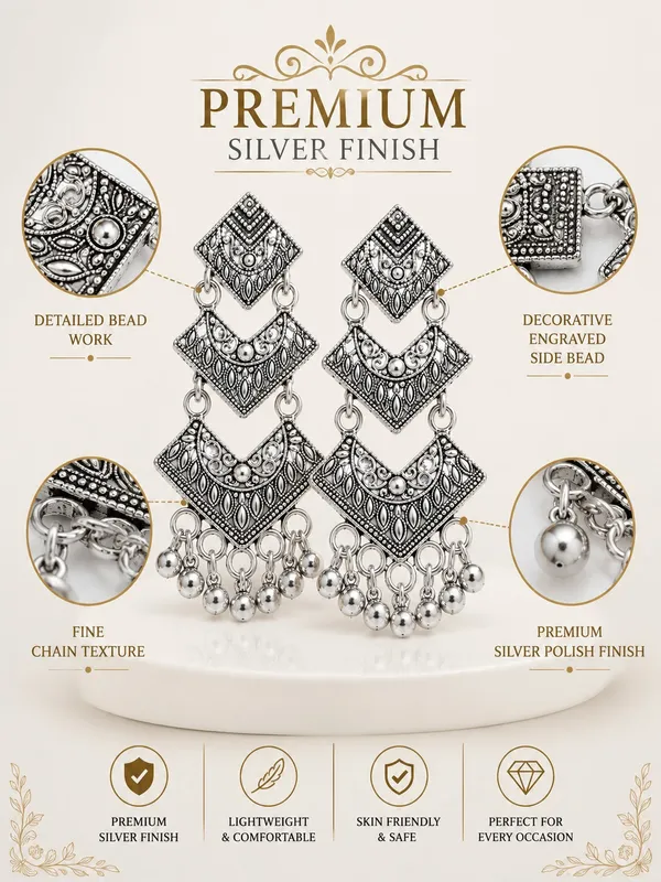 Silver_Finish_Oxidised_Geometric_Jhumka_Earrings