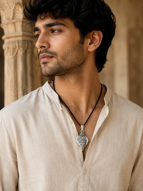 Silver_Finish_Shankh_Inspired_Engraved_Spiritual_Pendant