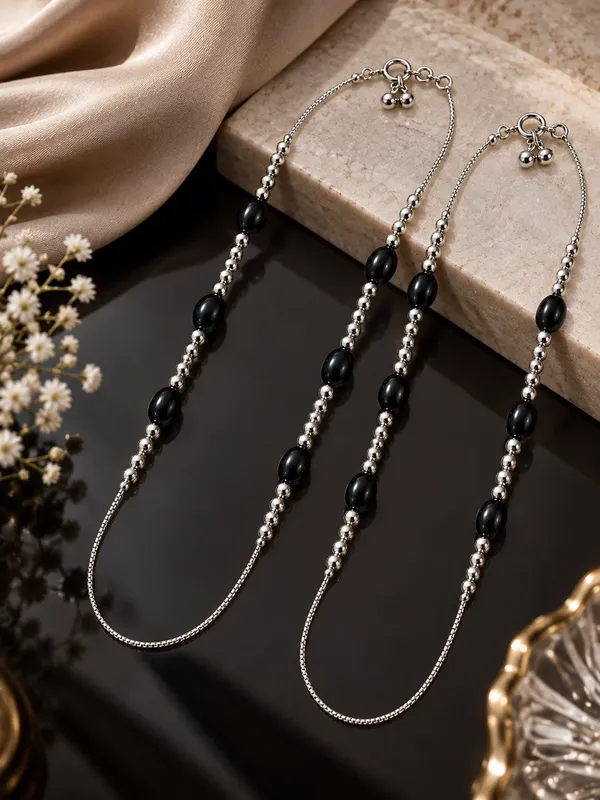 Silver_Plated_Black_Beads_Anklet_/_Payal_–_10_Inch