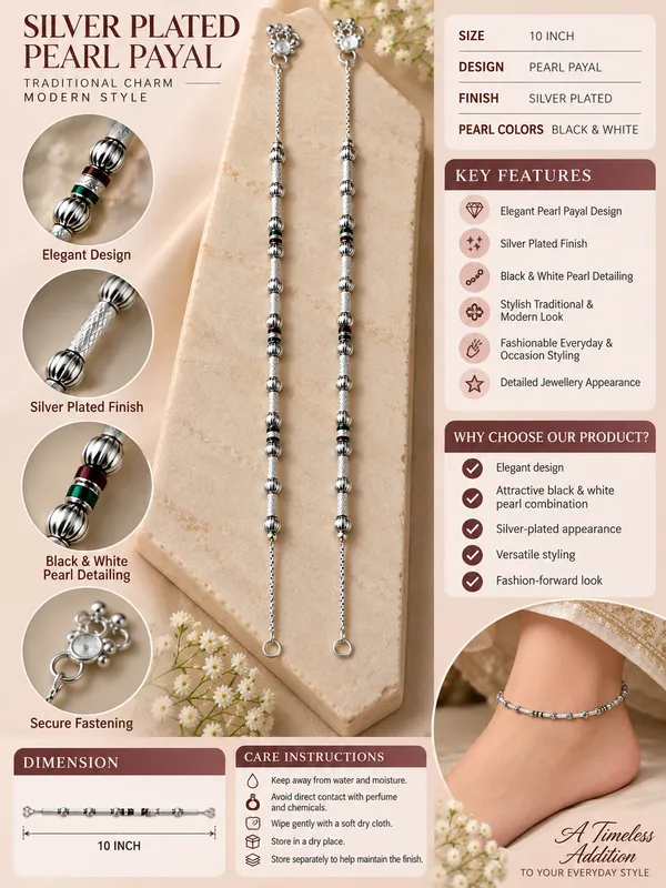 Silver_Plated_Black_&_White_Beads_Pearl_Payal_/_Anklet_–_10_Inch