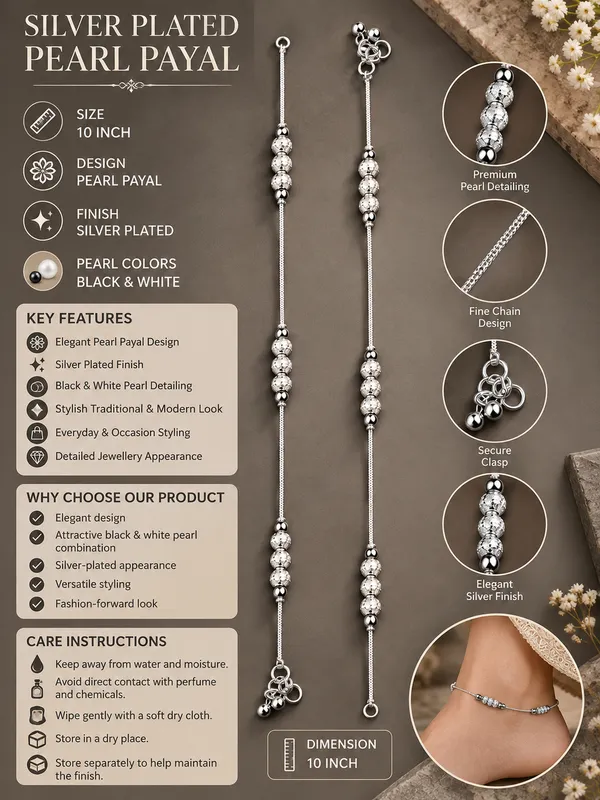 Silver_Plated_Black_&_White_Pearl_Payal_/_Anklet_–_10_Inch