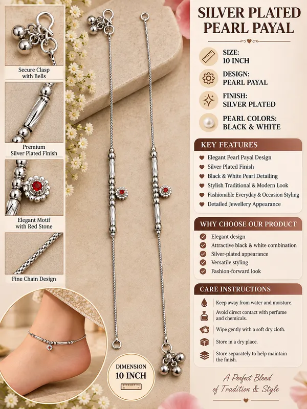 Silver_Plated_Pearl_Payal_/_Anklet_with_Red_Stone_–_10_Inch