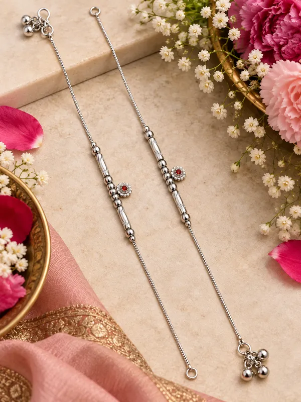 Silver_Plated_Pearl_Payal_/_Anklet_with_Red_Stone_–_10_Inch