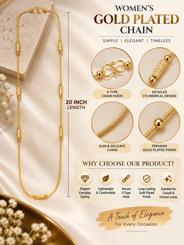 Women_20_Inch_Gold_Plated_Slim_Chain_with_Cylindrical_Bead_Details_&_S-Type_Hook