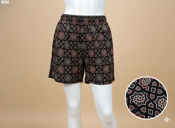 Summer_Special_Pure_Cotton_Original_Ajarakh_Hand_Block_Printed_Shorts_for_women__KH_Ajarakh_Black_Shorts_04|_free_size|Suitable_upto_Xl|_full_Stitched|original_Ajarakh_Hand_block_printed_material|