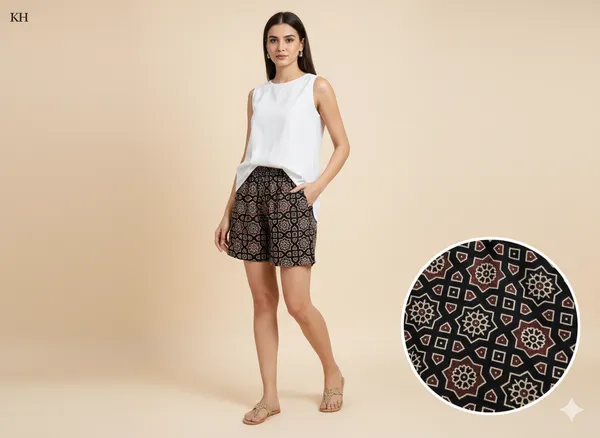 Summer_Special_Pure_Cotton_Original_Ajarakh_Hand_Block_Printed_Shorts_for_women__KH_Ajarakh_Black_Shorts_04|_free_size|Suitable_upto_Xl|_full_Stitched|original_Ajarakh_Hand_block_printed_material|
