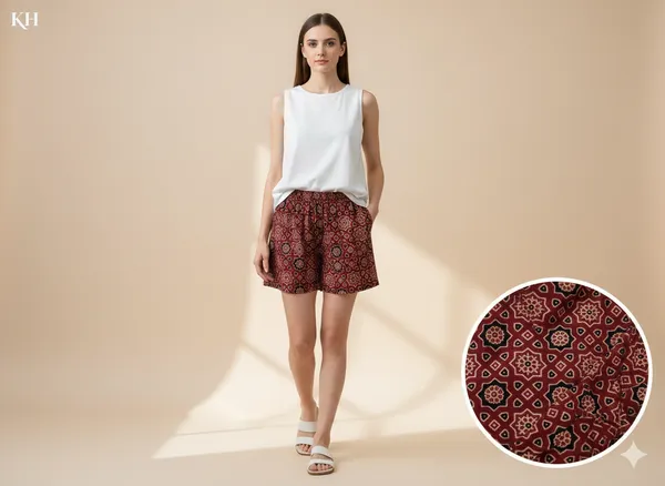 Summer_Special_Pure_Cotton_Original_Ajarakh_Hand_Block_Printed_Shorts_for_women__KH_Ajarakh_Marron_Shorts_03|_free_size|Suitable_upto_Xl|_full_Stitched|original_Ajarakh_Hand_block_printed_material|