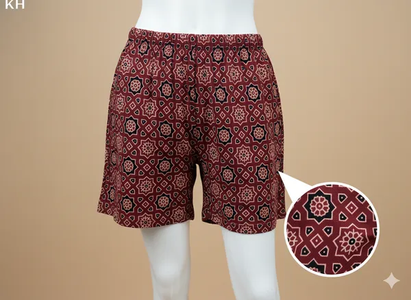 Summer_Special_Pure_Cotton_Original_Ajarakh_Hand_Block_Printed_Shorts_for_women__KH_Ajarakh_Marron_Shorts_03|_free_size|Suitable_upto_Xl|_full_Stitched|original_Ajarakh_Hand_block_printed_material|