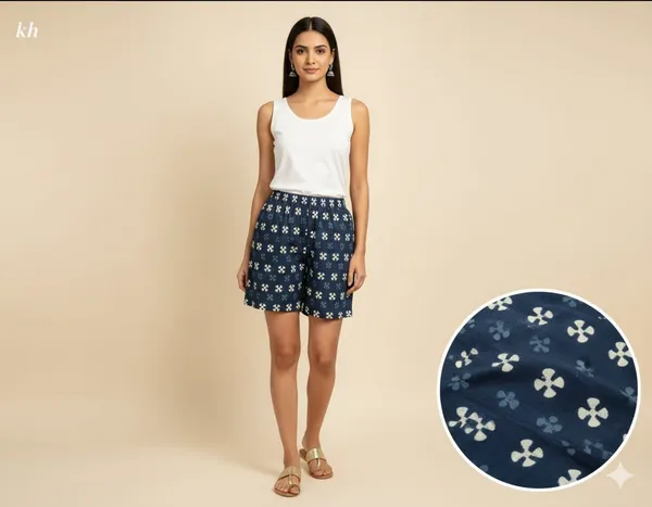 Summer_Special_Pure_Cotton_Original_IndiGo_Hand_Block_Printed_Shorts_for_women__KH_IndiGo_Shorts_04|_free_size|Suitable_upto_Xl|_full_Stitched|original_IndiGo_Hand_block_printed|