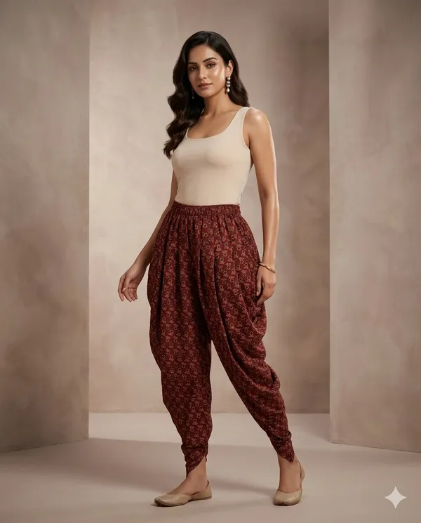 Summer_Special_Pure_Cotton__Original_Ajarakh__Hand_block_Printed___Dhoti_Pant_for_Women___Marron_04_/free_size_/_Suitable_upto_xl_/_full_Stitched/_original_Ajarakh_Hand_Block_printed|