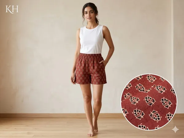 summer_special_pure_cotton_original_Ajarakh_Hand_Block_Printed_Shorts_for_women__KH_Ajarakh_shorts_MAROON__08/free_sizs_/suitable_up_to_xl_/full_stitched_/original_Ajarakh_Hand_block_printed_material/