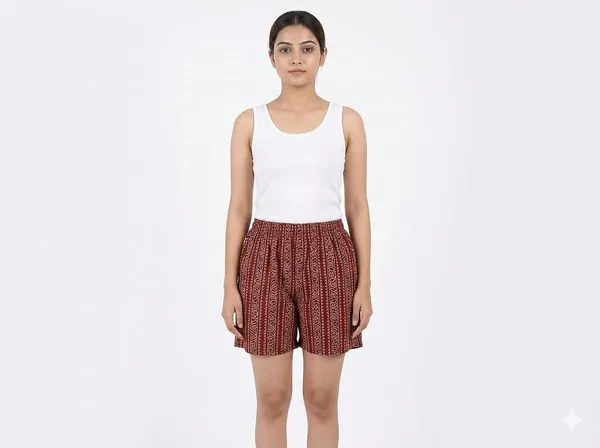 summer_special_pure_cotton_original_Ajarakh_Hand_Block_Printed_Shorts_for_women__KH_Ajarakh_shorts_MAROON__09/free_sizs_/suitable_up_to_xl_/full_stitched_/original_Ajarakh_Hand_block_printed_material/