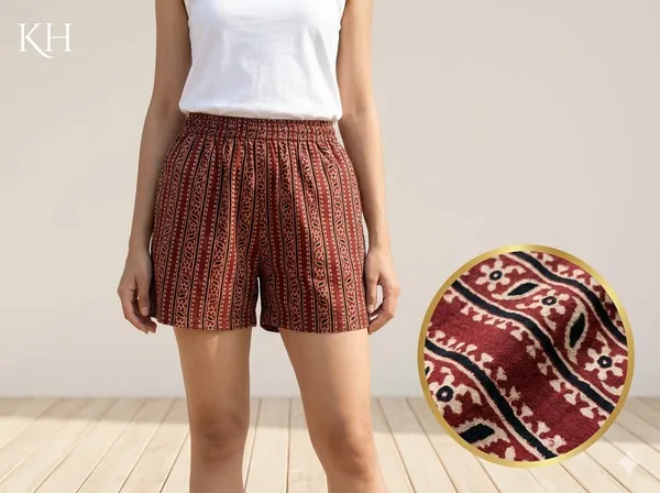summer_special_pure_cotton_original_Ajarakh_Hand_Block_Printed_Shorts_for_women__KH_Ajarakh_shorts_MAROON__09/free_sizs_/suitable_up_to_xl_/full_stitched_/original_Ajarakh_Hand_block_printed_material/