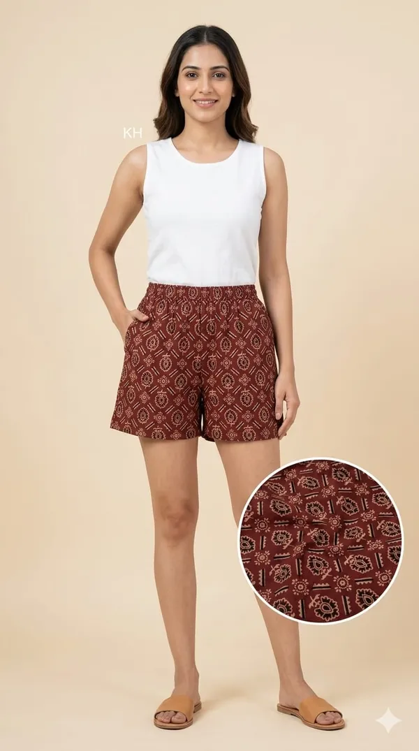 summer_special_pure_cotton_original_Ajarakh_Hand_Block_Printed_Shorts_for_women__KH_Ajarakh_shorts_MAROON__10/free_sizs_/suitable_up_to_xl_/full_stitched_/original_Ajarakh_Hand_block_printed_material/