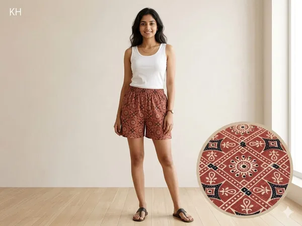 summer_special_pure_cotton_original_Ajarakh_Hand_Block_Printed_Shorts_for_women__KH_Ajarakh_shorts_MAROON__11/free_sizs_/suitable_up_to_xl_/full_stitched_/original_Ajarakh_Hand_block_printed_material/