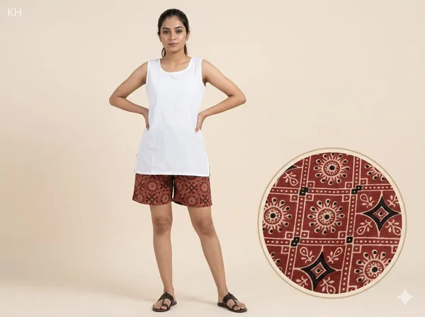summer_special_pure_cotton_original_Ajarakh_Hand_Block_Printed_Shorts_for_women__KH_Ajarakh_shorts_MAROON__11/free_sizs_/suitable_up_to_xl_/full_stitched_/original_Ajarakh_Hand_block_printed_material/