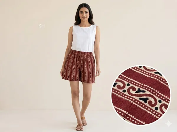 summer_special_pure_cotton_original_Ajarakh_Hand_Block_Printed_Shorts_for_women__KH_Ajarakh_shorts_MAROON__12/free_sizs_/suitable_up_to_xl_/full_stitched_/original_Ajarakh_Hand_block_printed_material/