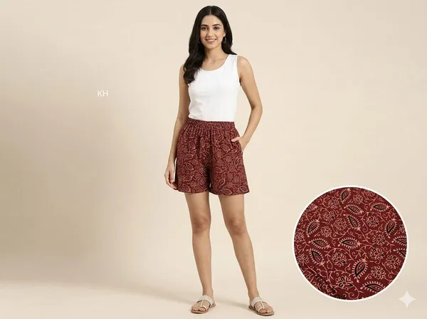summer_special_pure_cotton_original_Ajarakh_Hand_Block_Printed_Shorts_for_women__KH_Ajarakh_shorts_MAROON__14/free_sizs_/suitable_up_to_xl_/full_stitched_/original_Ajarakh_Hand_block_printed_material/