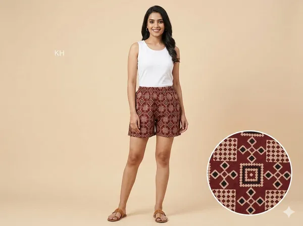 summer_special_pure_cotton_original_Ajarakh_Hand_Block_Printed_Shorts_for_women__KH_Ajarakh_shorts_MAROON__15/free_sizs_/suitable_up_to_xl_/full_stitched_/original_Ajarakh_Hand_block_printed_material/