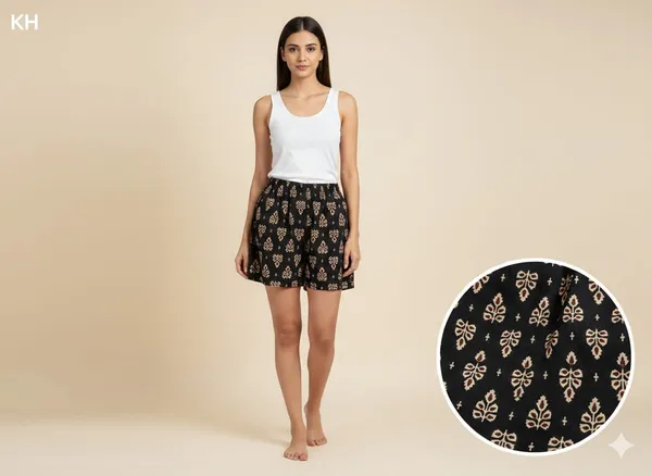 summer_special_pure_cotton_original_Ajarakh_Hand_Block_Printed_Shorts_for_women__KH_Ajarakh_shorts_black_06/free_sizs_/suitable_up_to_xl_/full_stitched_/original_Ajarakh_Hand_block_printed_material/