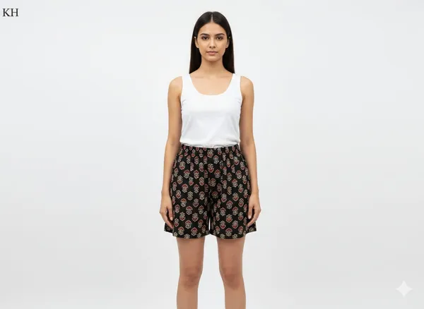 summer_special_pure_cotton_original_Ajarakh_Hand_Block_Printed_Shorts_for_women__KH_Ajarakh_shorts_black_07/free_sizs_/suitable_up_to_xl_/full_stitched_/original_Ajarakh_Hand_block_printed_material/