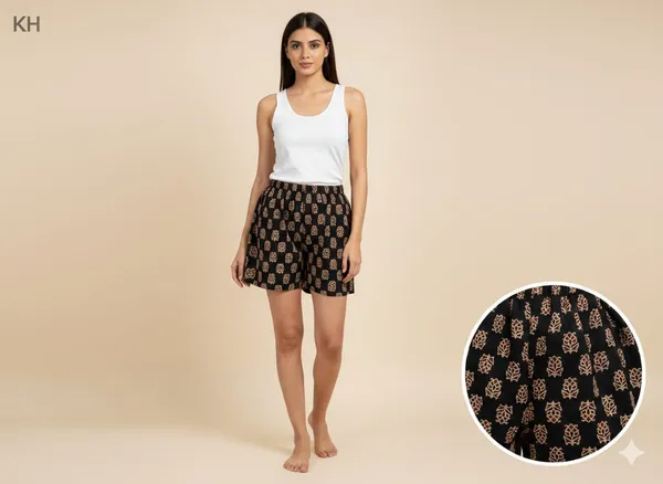 summer_special_pure_cotton_original_Ajarakh_Hand_Block_Printed_Shorts_for_women__KH_Ajarakh_shorts_black_08/free_sizs_/suitable_up_to_xl_/full_stitched_/original_Ajarakh_Hand_block_printed_material/