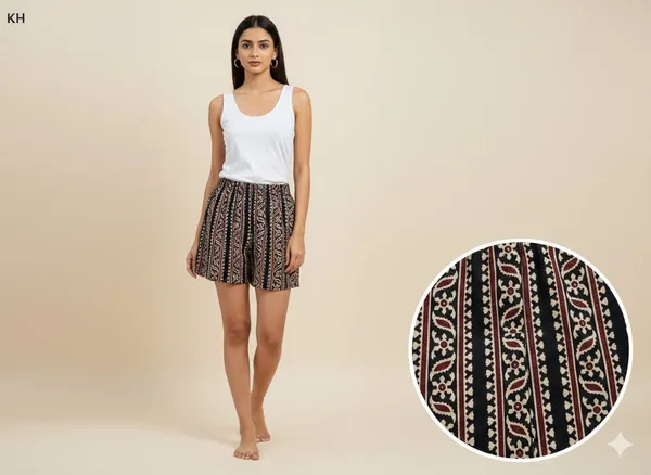 summer_special_pure_cotton_original_Ajarakh_Hand_Block_Printed_Shorts_for_women__KH_Ajarakh_shorts_black_09/free_sizs_/suitable_up_to_xl_/full_stitched_/original_Ajarakh_Hand_block_printed_material/