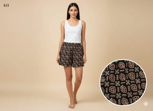 summer_special_pure_cotton_original_Ajarakh_Hand_Block_Printed_Shorts_for_women__KH_Ajarakh_shorts_black_10/free_sizs_/suitable_up_to_xl_/full_stitched_/original_Ajarakh_Hand_block_printed_material/