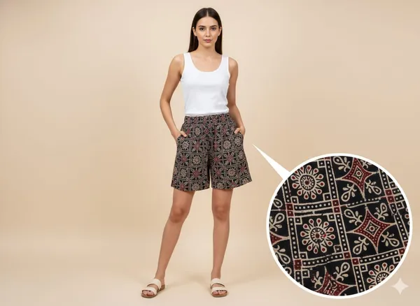 summer_special_pure_cotton_original_Ajarakh_Hand_Block_Printed_Shorts_for_women__KH_Ajarakh_shorts_black_11/free_sizs_/suitable_up_to_xl_/full_stitched_/original_Ajarakh_Hand_block_printed_material/