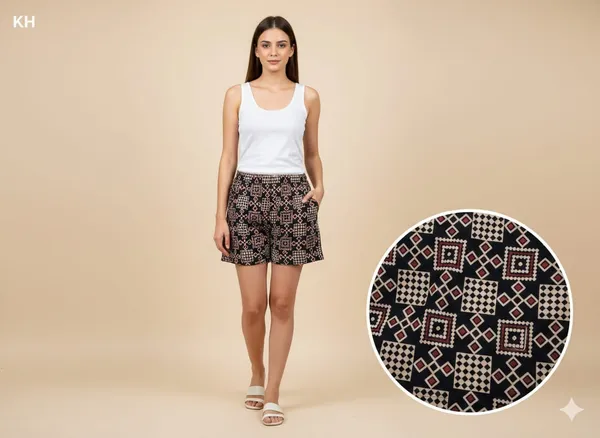 summer_special_pure_cotton_original_Ajarakh_Hand_Block_Printed_Shorts_for_women__KH_Ajarakh_shorts_black_15/free_sizs_/suitable_up_to_xl_/full_stitched_/original_Ajarakh_Hand_block_printed_material/