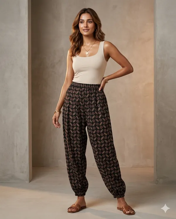 Summer_Special_Pure_Cotton_Original_Ajrakh_Hand_Block_Printed_Harem_Pant_for_women_KH_Ajrakh_Harem_Black_05_|_free_size_|Suitable_upto_Xl_|_full_Stitched_|_Original_Ajrakh_Hand_block_printed|