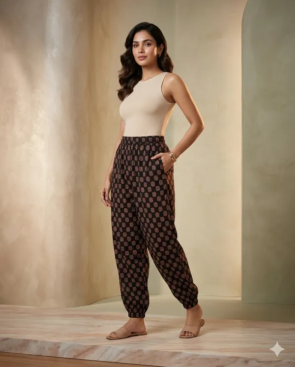 Summer_Special_Pure_Cotton_Original_Ajrakh_Hand_Block_Printed_Harem_Pant_for_women_KH_Ajrakh_Harem_Black_02_|_free_size_|Suitable_upto_Xl_|_full_Stitched_|_Original_Ajrakh_Hand_block_printed|