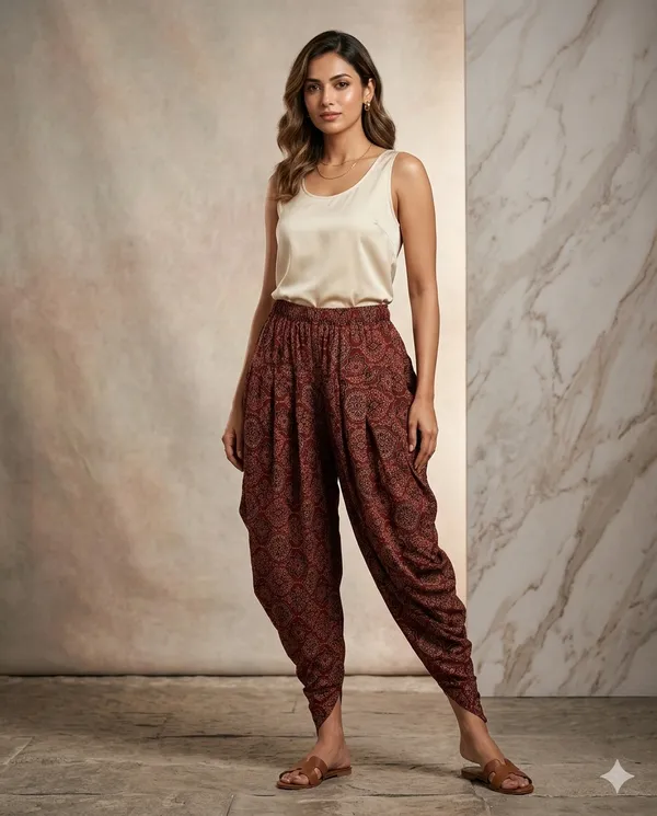 Summer_Special_Pure_Cotton_Original_Ajarakh_Hand_Block_Printed_Dhoti_Pant_for_women__Marron_01|_free_size|Suitable_upto_Xl|_full_Stitched|original_Ajarakh_Hand_block_printed|