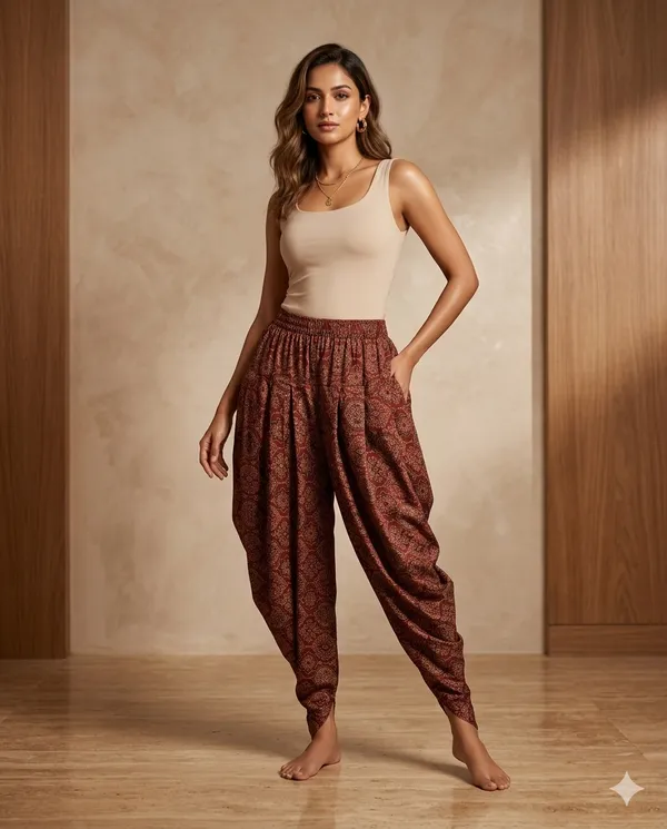 Summer_Special_Pure_Cotton_Original_Ajarakh_Hand_Block_Printed_Dhoti_Pant_for_women__Marron_01|_free_size|Suitable_upto_Xl|_full_Stitched|original_Ajarakh_Hand_block_printed|