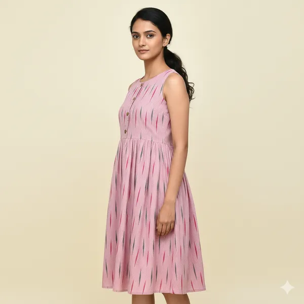 Women_Cotton_Ikkat_Print_Frock_Style_Kurti_|_Sleeveless_Flared_Ethnic_Kurti_for_Daily_&_Casual_Wear