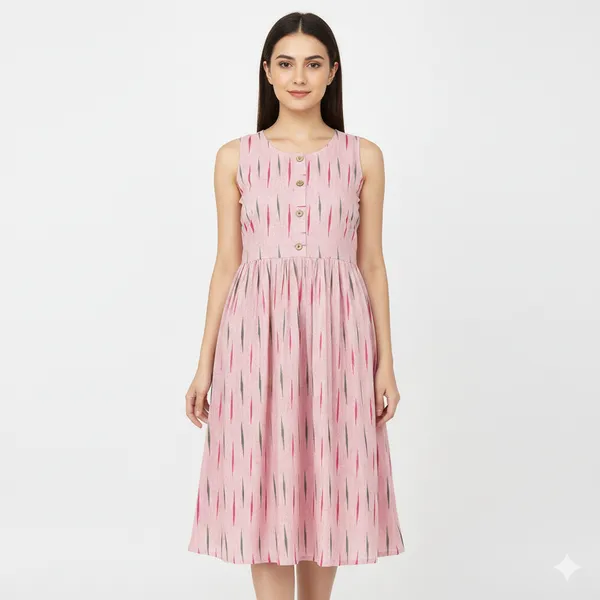 Women_Cotton_Ikkat_Print_Frock_Style_Kurti_|_Sleeveless_Flared_Ethnic_Kurti_for_Daily_&_Casual_Wear