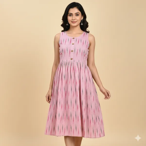 Women_Cotton_Ikkat_Print_Frock_Style_Kurti_|_Sleeveless_Flared_Ethnic_Kurti_for_Daily_&_Casual_Wear